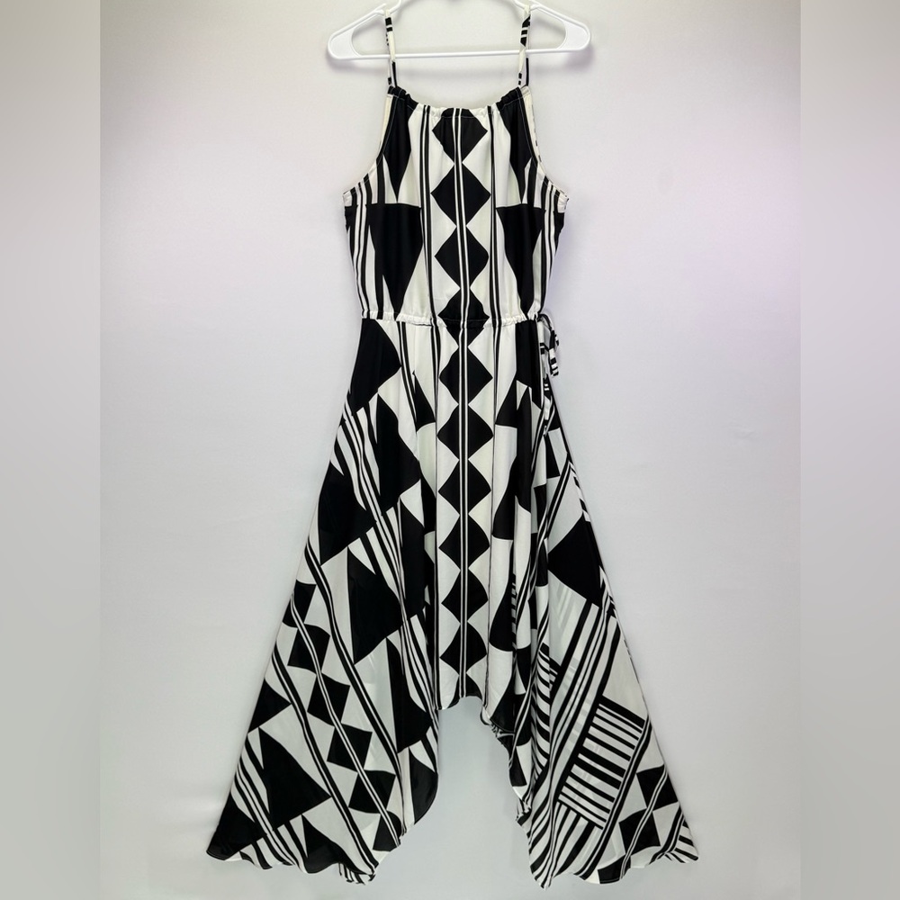 Express Geometric Print Black White Halter‎ Handkerchief Hem Maxi Dress Size S - Picture 5 of 10